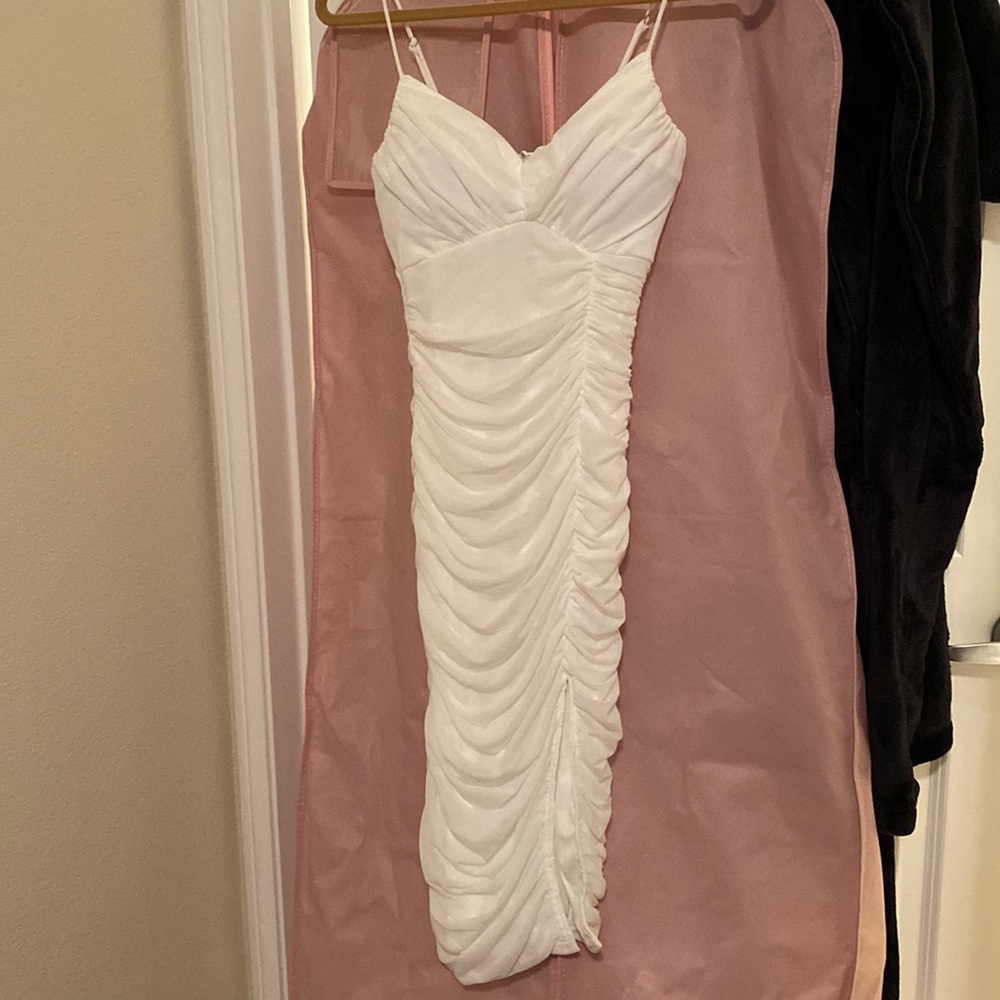 White Ruched Mesh Bodycon Mini Dress